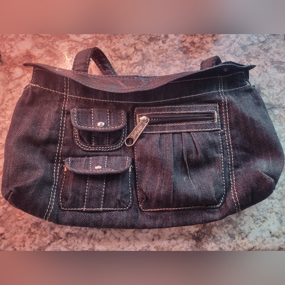 thirty-one Denim Convertible Shoulder Bag, Crescent Shape w/Metal Zippers